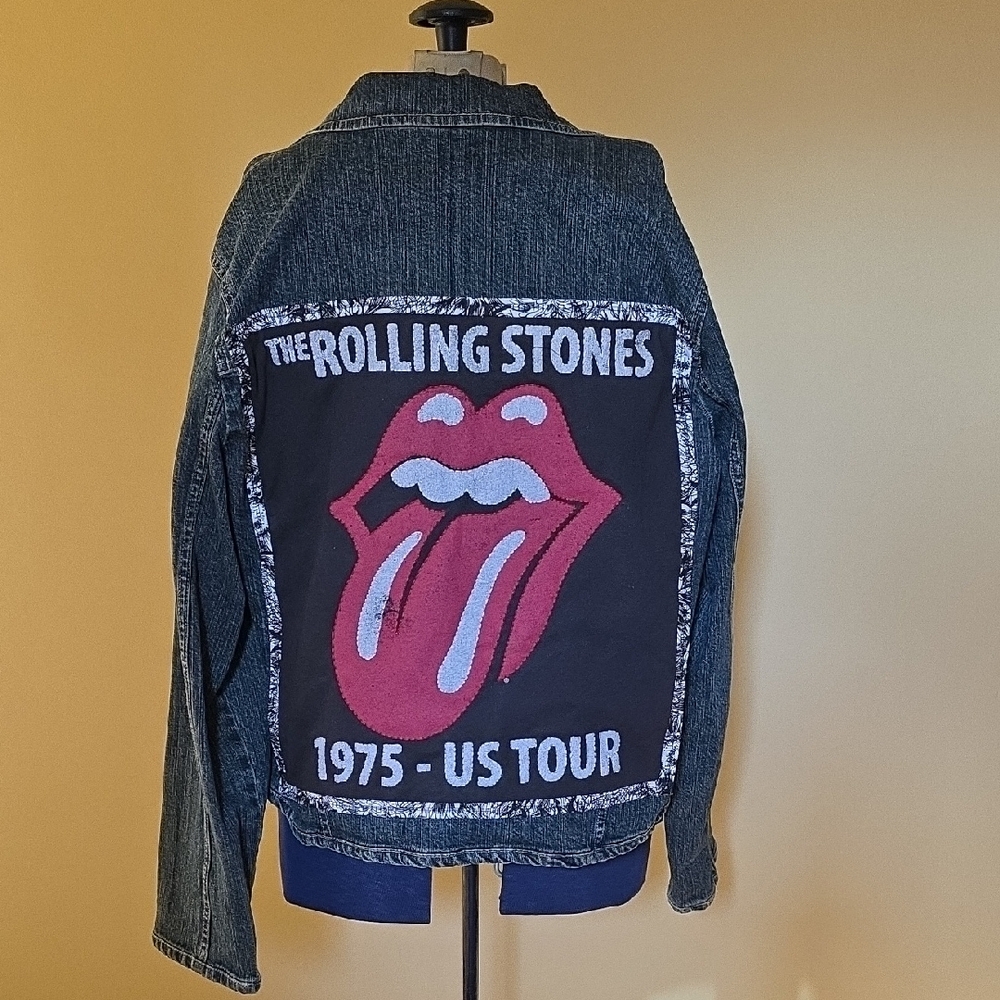 Upcyled Molly Made It Blue Jean Jacket with Iconic Rolling Stones Design - Picture 2 of 13